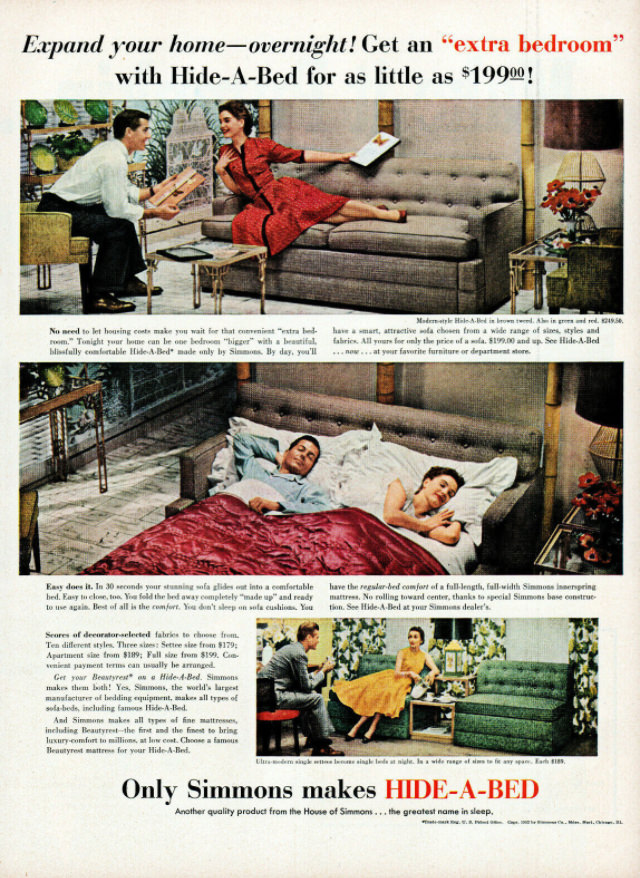 No Spare Bedroom Needed: Vintage Ads of Hide-a-Bed Sofa Ads by Simmons from the 1950s