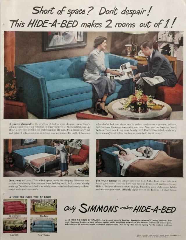 No Spare Bedroom Needed: Vintage Ads of Hide-a-Bed Sofa Ads by Simmons from the 1950s