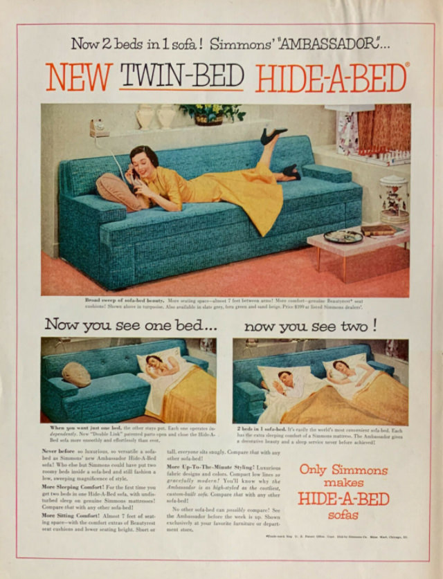 No Spare Bedroom Needed: Vintage Ads of Hide-a-Bed Sofa Ads by Simmons from the 1950s