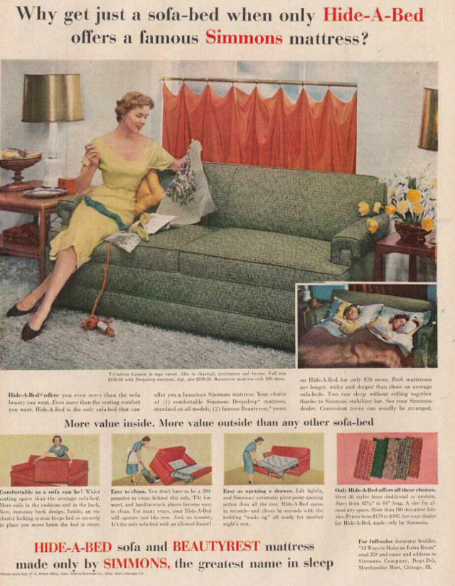 No Spare Bedroom Needed: Vintage Ads of Hide-a-Bed Sofa Ads by Simmons from the 1950s