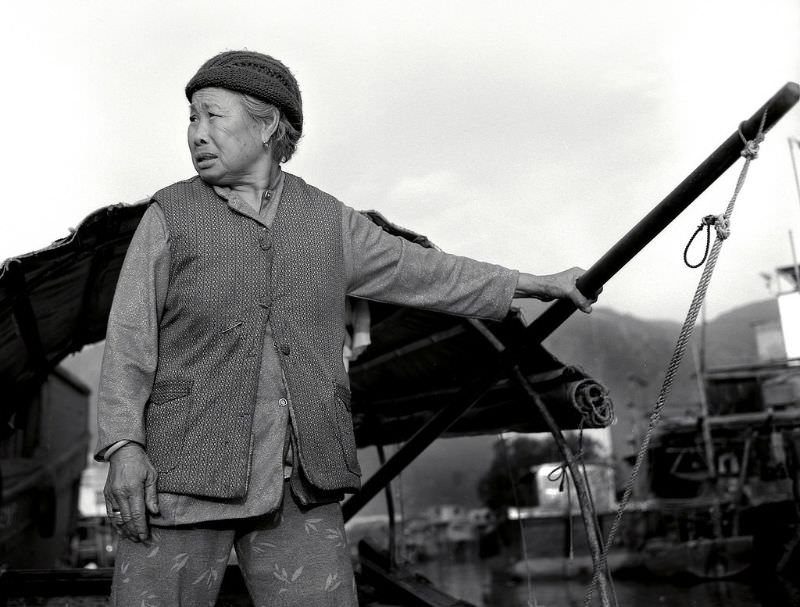 Water taxi driver, Tai O, Hong Kong, 1987