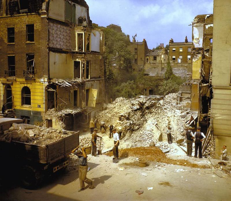 Scene from London after heavy German air raid bombing attacks during the Battle of Britain, September 1940