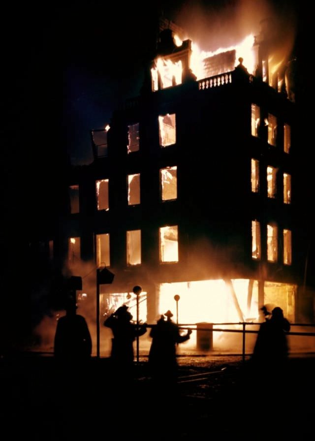 A London building ablaze during the Blitz, January 1941