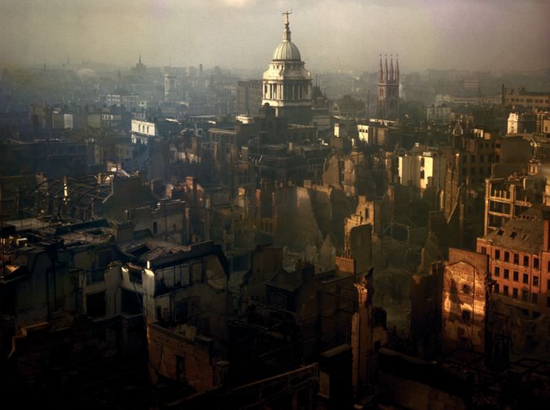 A view of London after a German air raid, 1940