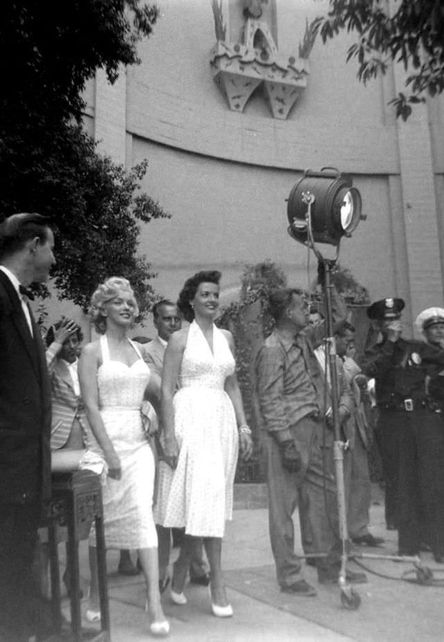 Marilyn Monroe and Jane Russell at Their Imprint Ceremony at Grauman’s Chinese Theatre in 1953