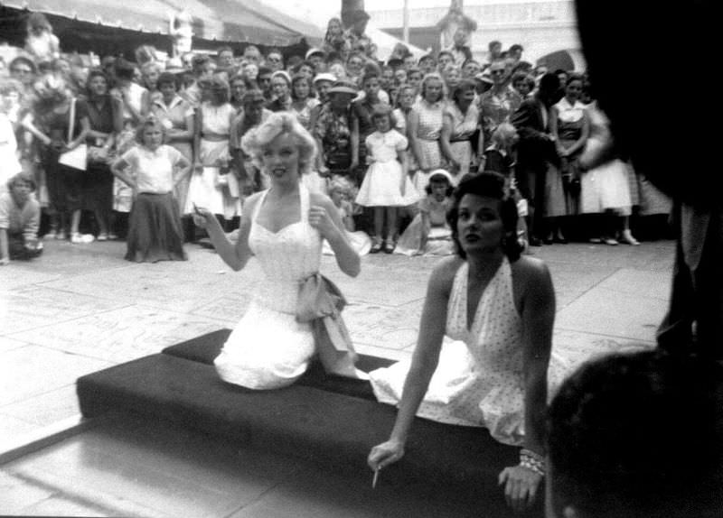 Marilyn Monroe and Jane Russell at Their Imprint Ceremony at Grauman’s Chinese Theatre in 1953