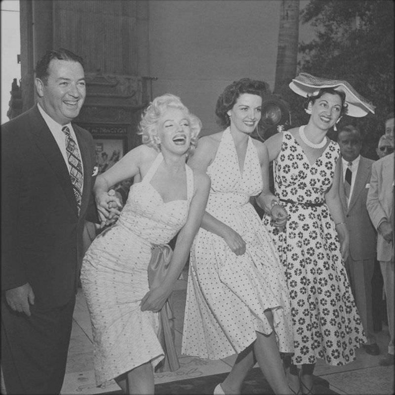 Marilyn Monroe and Jane Russell at Their Imprint Ceremony at Grauman’s Chinese Theatre in 1953