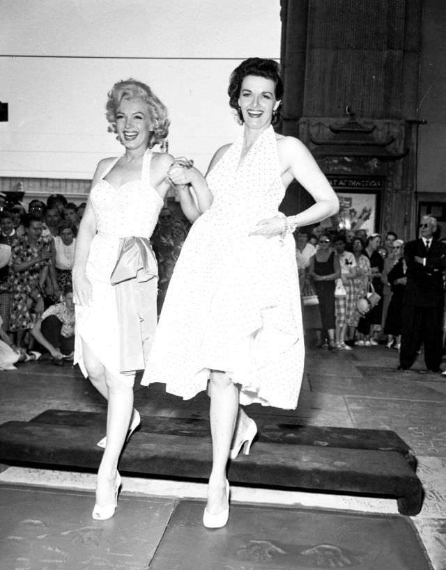 Marilyn Monroe and Jane Russell at Their Imprint Ceremony at Grauman’s Chinese Theatre in 1953
