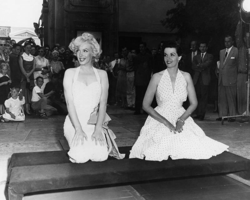 Marilyn Monroe and Jane Russell at Their Imprint Ceremony at Grauman’s Chinese Theatre in 1953