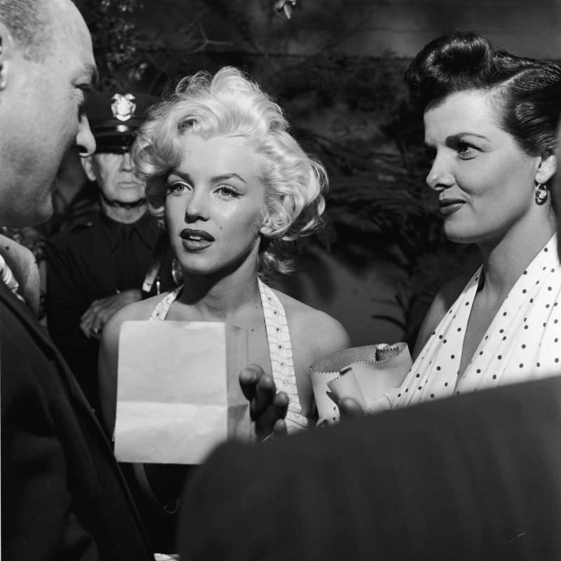 Marilyn Monroe and Jane Russell at Their Imprint Ceremony at Grauman’s Chinese Theatre in 1953