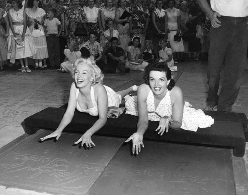 Marilyn Monroe and Jane Russell at Their Imprint Ceremony at Grauman’s Chinese Theatre in 1953