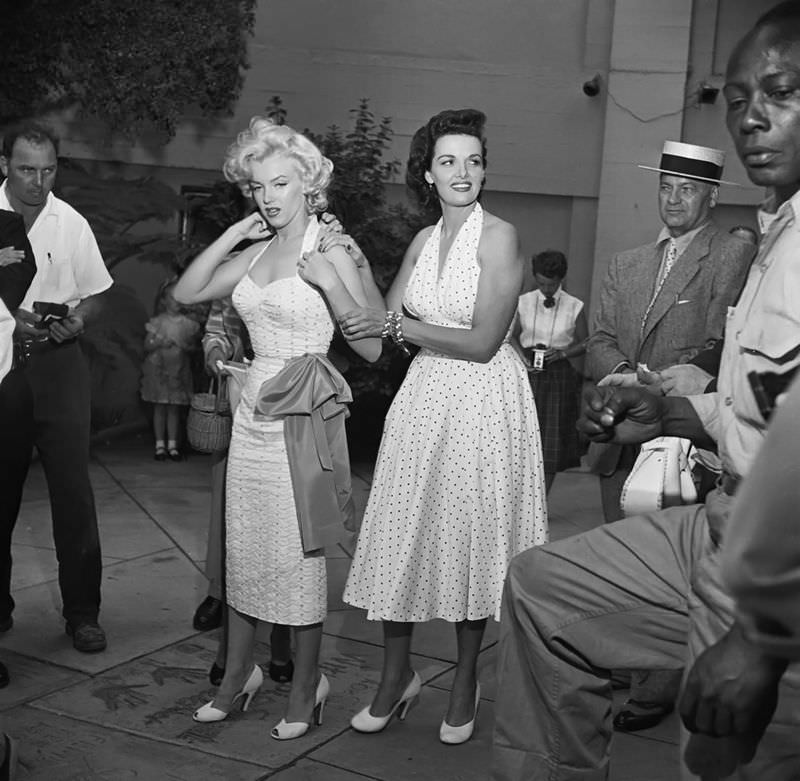 Marilyn Monroe and Jane Russell at Their Imprint Ceremony at Grauman’s Chinese Theatre in 1953