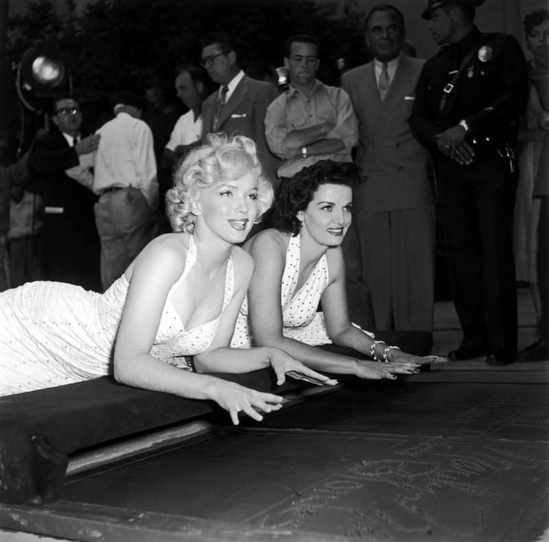 Marilyn Monroe and Jane Russell at Their Imprint Ceremony at Grauman’s Chinese Theatre in 1953