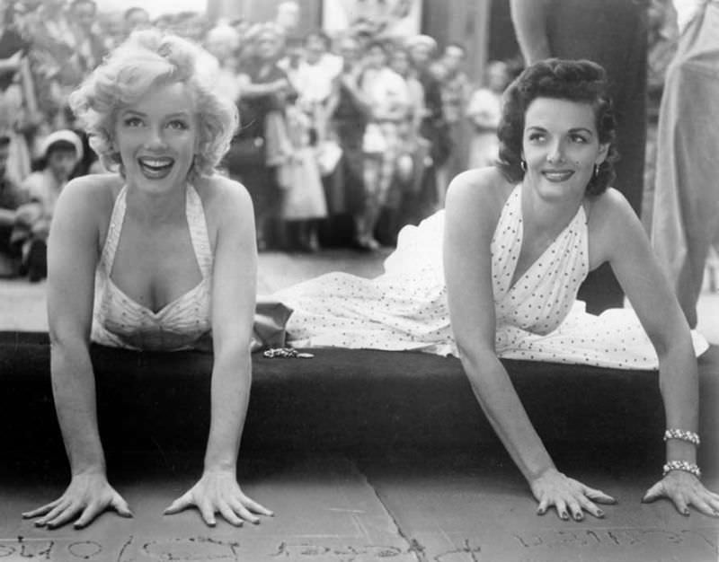 Marilyn Monroe and Jane Russell at Their Imprint Ceremony at Grauman’s Chinese Theatre in 1953