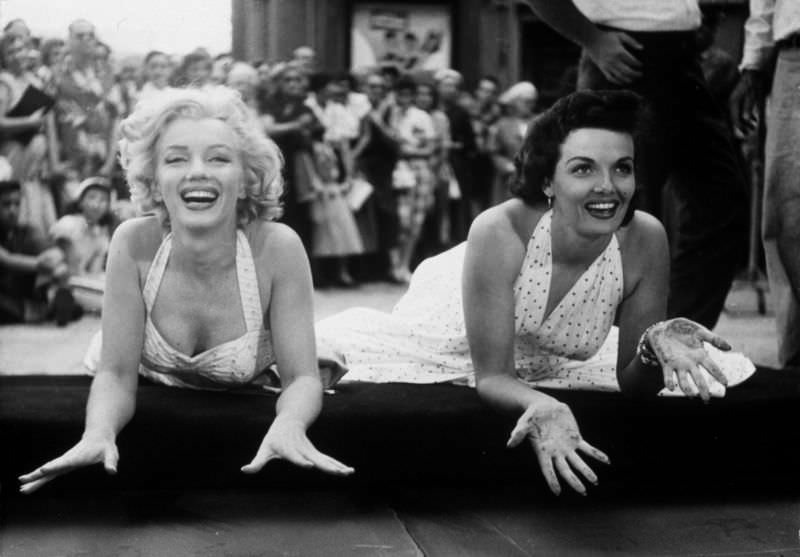 Marilyn Monroe and Jane Russell at Their Imprint Ceremony at Grauman’s Chinese Theatre in 1953