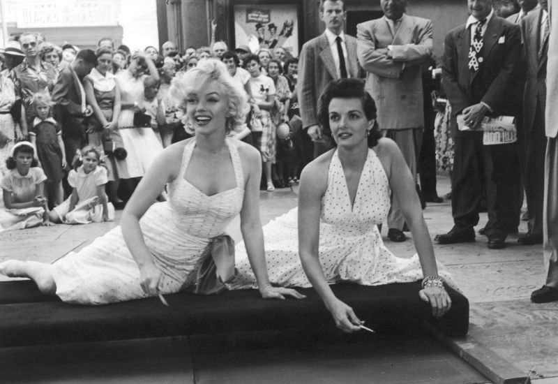 Marilyn Monroe and Jane Russell at Their Imprint Ceremony at Grauman’s Chinese Theatre in 1953