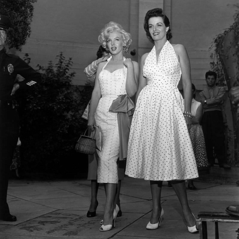 Marilyn Monroe and Jane Russell at Their Imprint Ceremony at Grauman’s Chinese Theatre in 1953