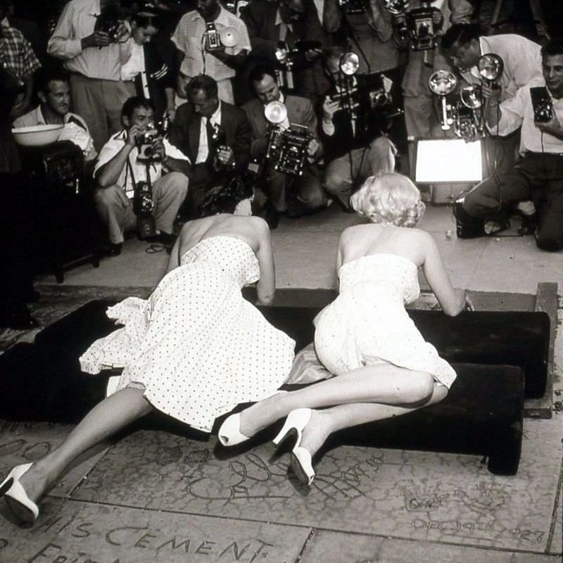 Marilyn Monroe and Jane Russell at Their Imprint Ceremony at Grauman’s Chinese Theatre in 1953