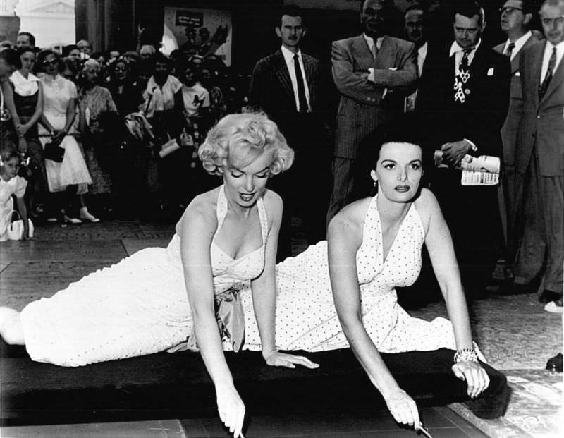 Marilyn Monroe and Jane Russell at Their Imprint Ceremony at Grauman’s Chinese Theatre in 1953