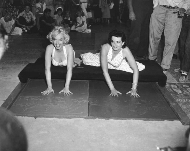 Marilyn Monroe and Jane Russell at Their Imprint Ceremony at Grauman’s Chinese Theatre in 1953