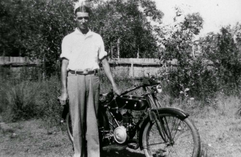 Herb Beecher and his Waratah motor bike, ca. 1940.