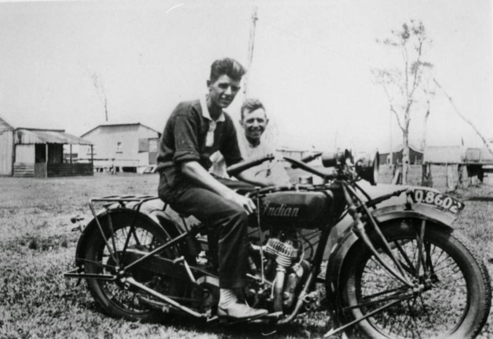 Cousins Eric and Henry Beck on their Indian motorcycle, Cribb Island, 1926.
