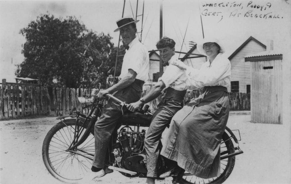 Three Blackall residents on a motorcycle, 1930