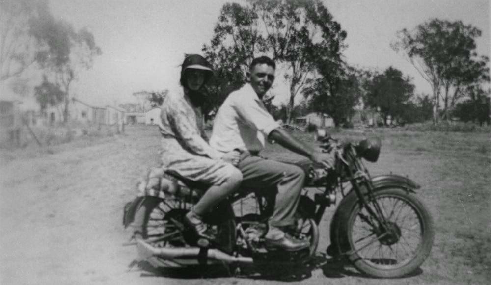 Barbara Davies and Billy Gall on a motorcycle, 1938.