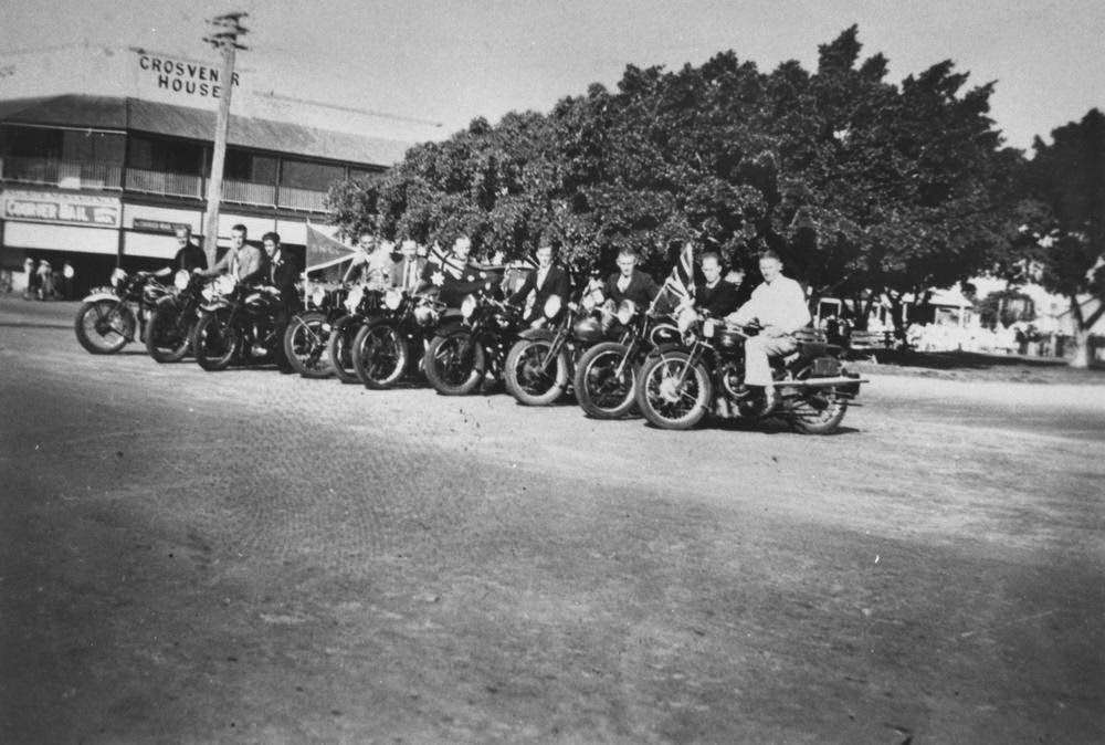 Motorcyclists lined along Bourbong Street, Bundaberg, 1937.