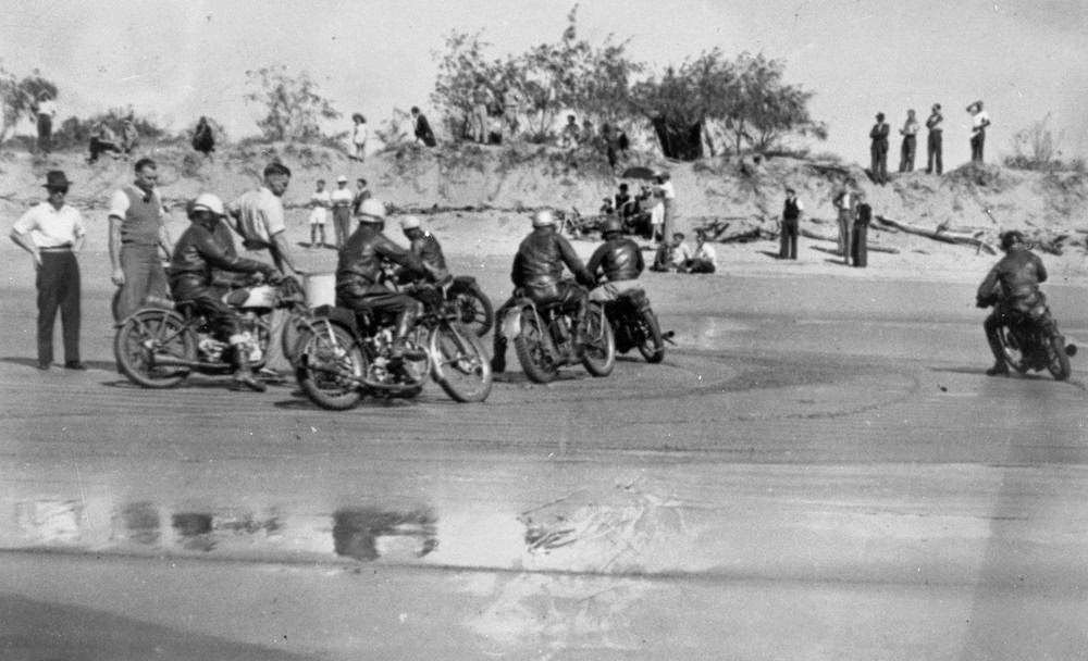 Motorcycle race on the beach at Bundaberg, Queensland, 1947.