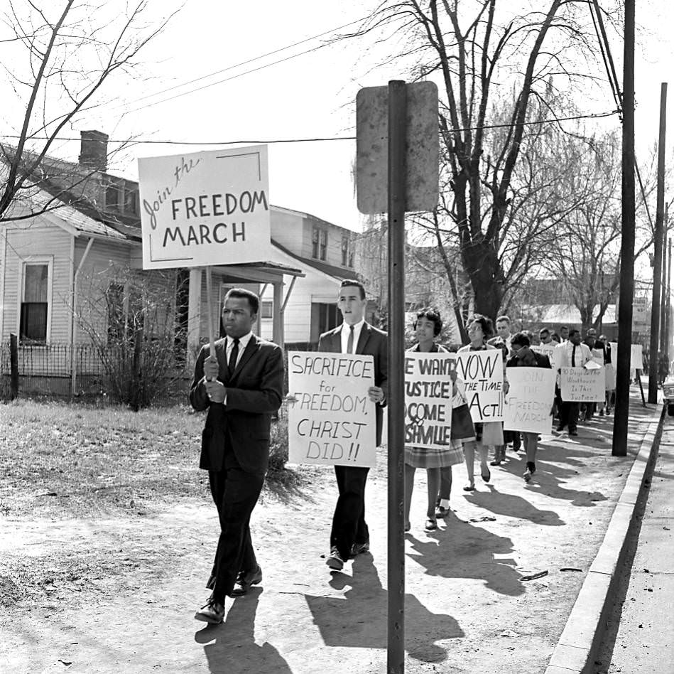 Students marching during the Freedom March on Jefferson Street, Nashville, Tennessee, 1963