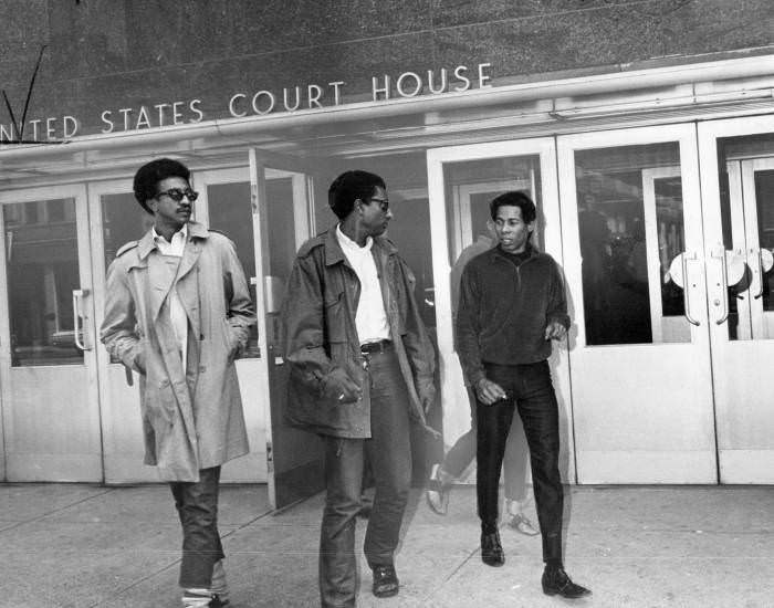 SNCC leaders H. Rap Brown, Stokely Carmichael, and George Ware leaving the U.S. Courthouse in Nashville, 1967