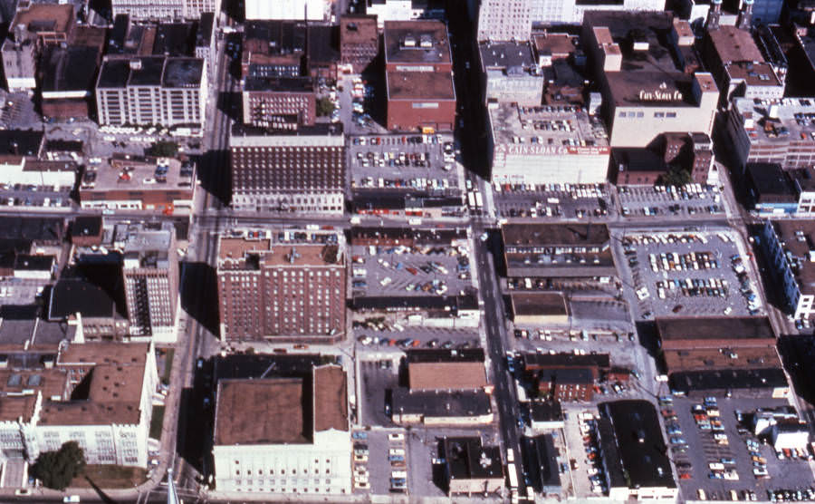 Aerial of Nashville downtown parking, 1970s