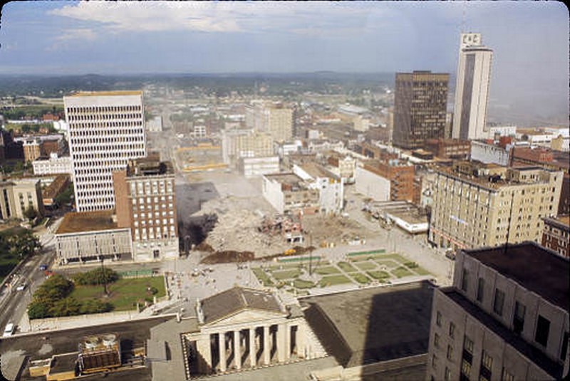 Aerial view of the demolition of the Andrew Jackson Hotel, 1971
