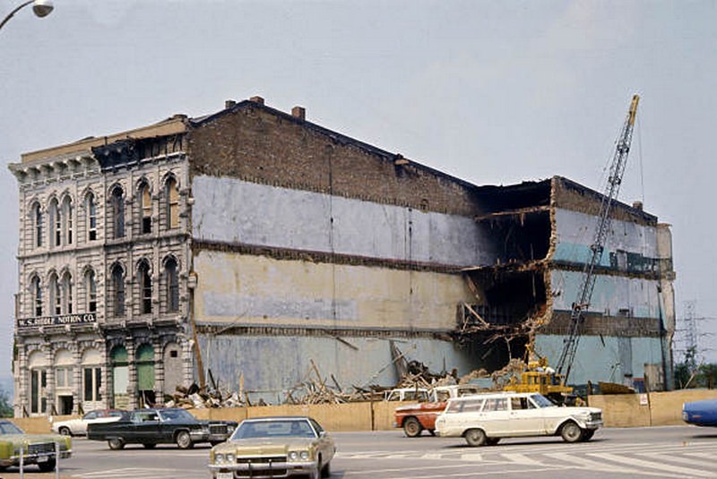 The destruction of buildings on the east side of the Public Square in Nashville, Tennessee, 1974