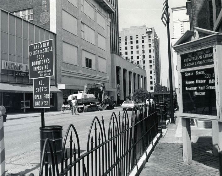 Road and construction improvements on Church Street and Fifth Avenue North looking east, Nashville, Tennessee, 1970s