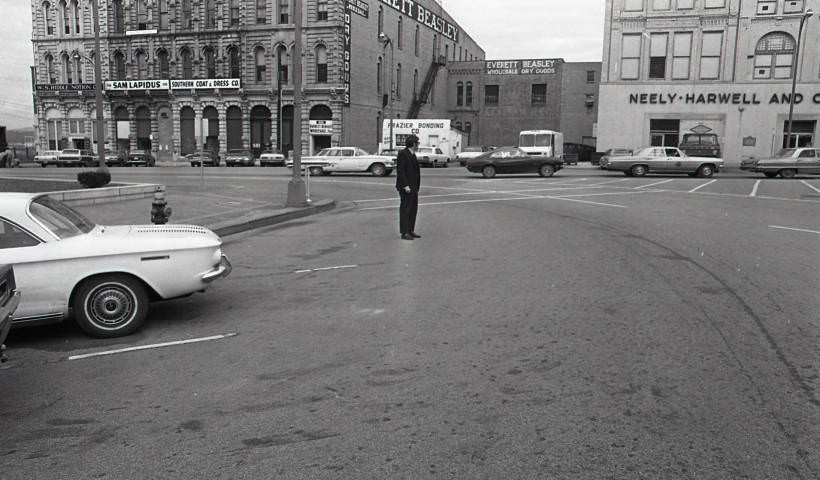 Traffic lines and buildings around the Davidson County Court House, Nashville, 1970