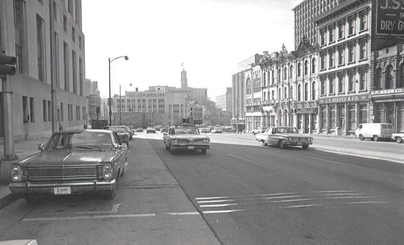 Traffic lines and buildings around the Davidson County Court House, Nashville, Tennessee, 1970
