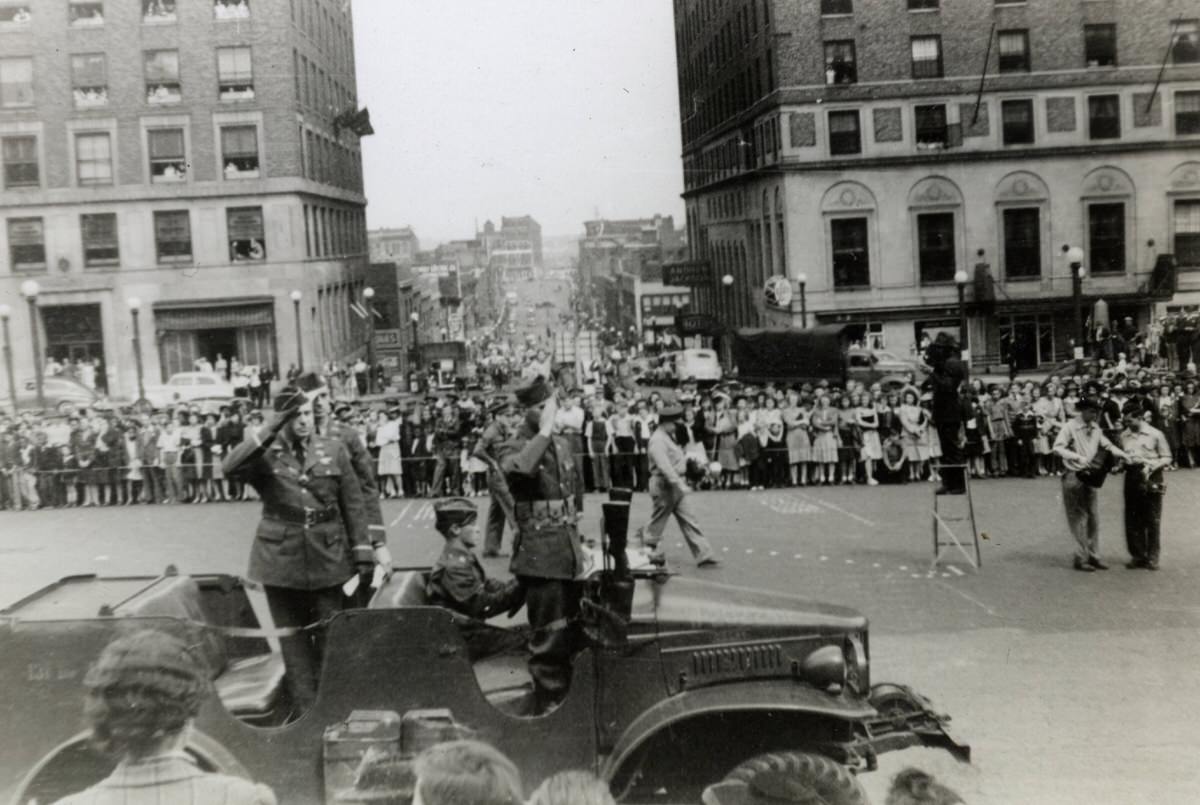 Crowds and military jeep in 1942 Army Day Parade, 1942