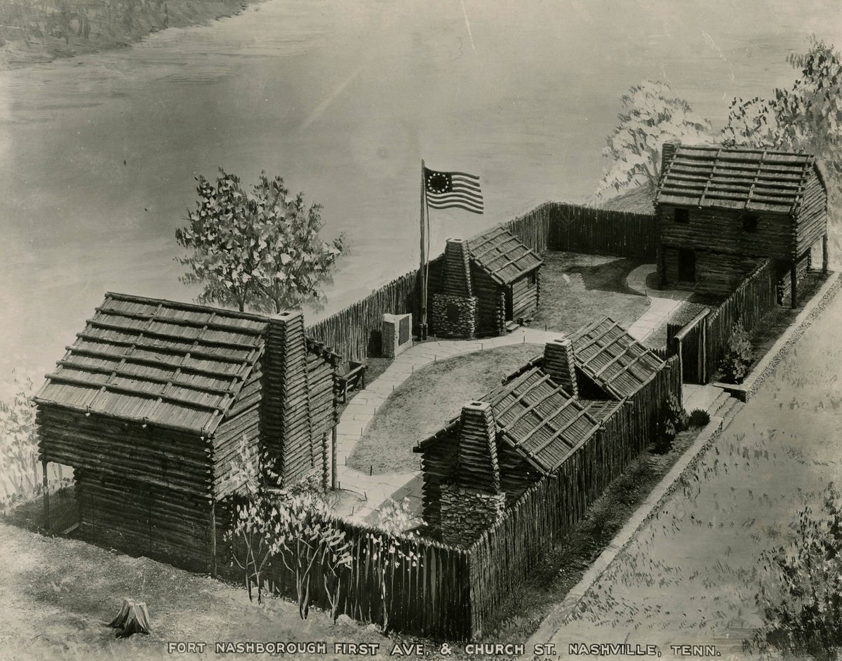 Painting of Fort Nashborough, located at First Avenue and Church Street, viewed from above, 1940s
