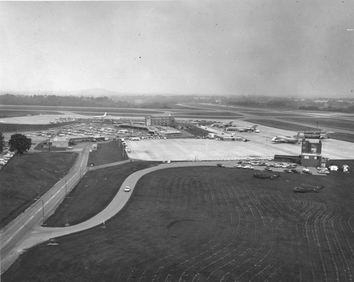 An aerial view of the Nashville Municipal Airport (Berry Field), 1970s