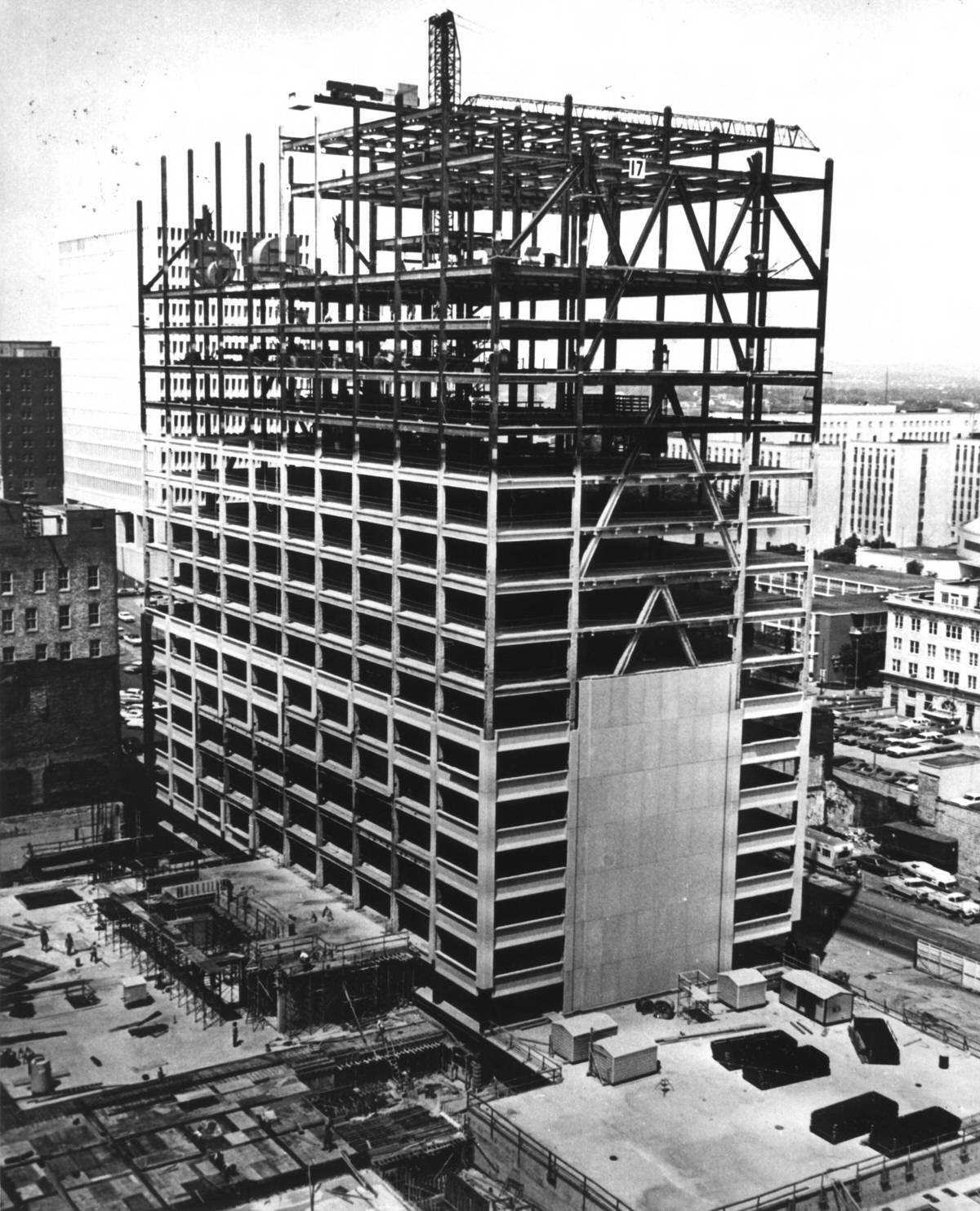 Construction of the new First American National Bank building in Nashville, Tennessee, 1972.