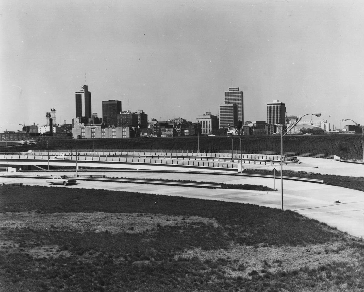 The skyline of Nashville, Tennessee as seen from the Ellington Parkway, 1970