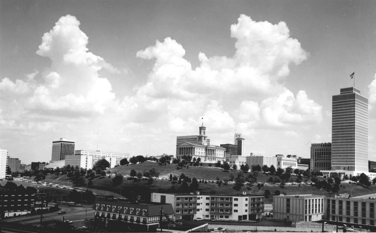 The skyline of Nashville, Tennessee as seen from Eighth Avenue, northwest of the State Capitol, 1971