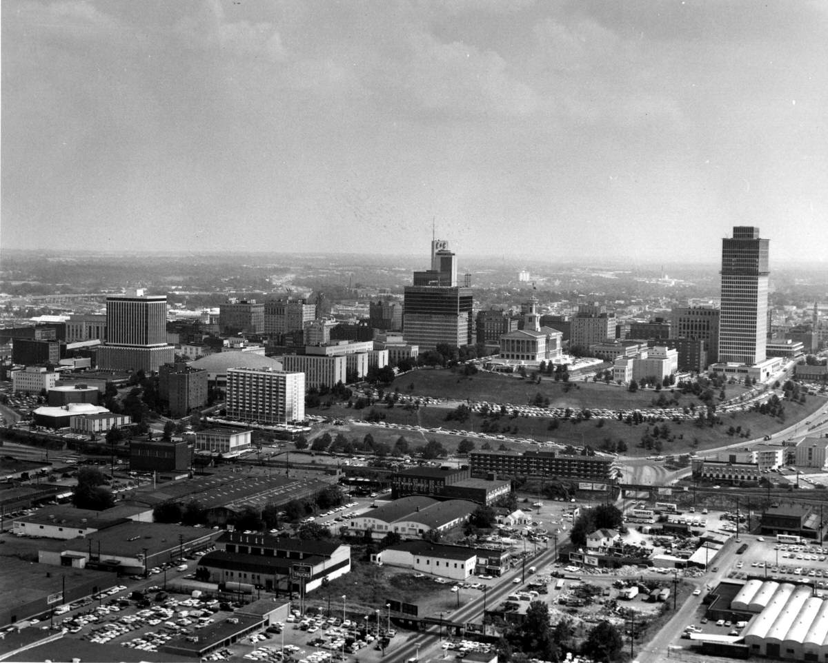 An aerial view of downtown Nashville, Tennessee, looking southeast, 1970