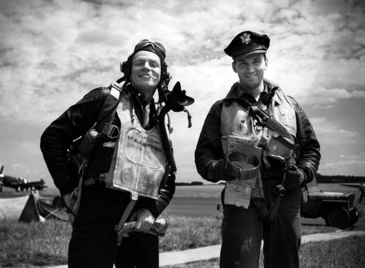 Two pilots about to leave on a mission, 1944