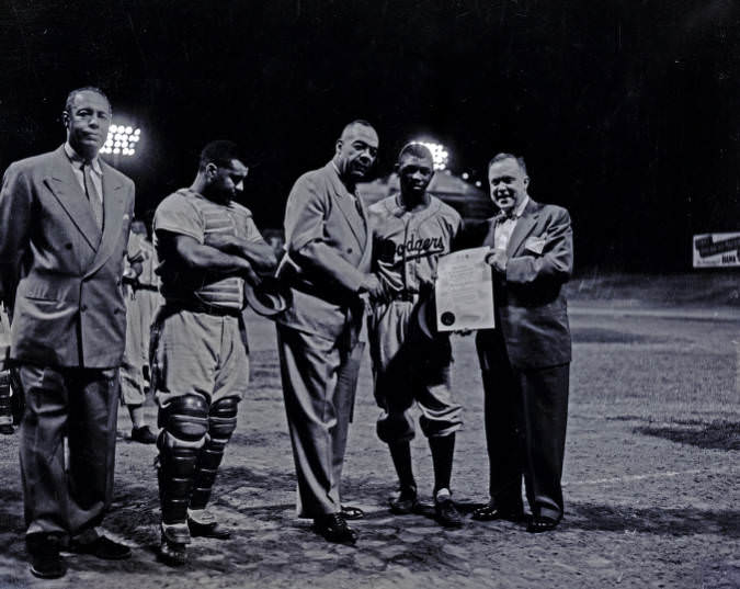 Brooklyn Dodgers baseball star James “Jim” Gilliam presented with key to City, Nashville, Tennessee, 1955