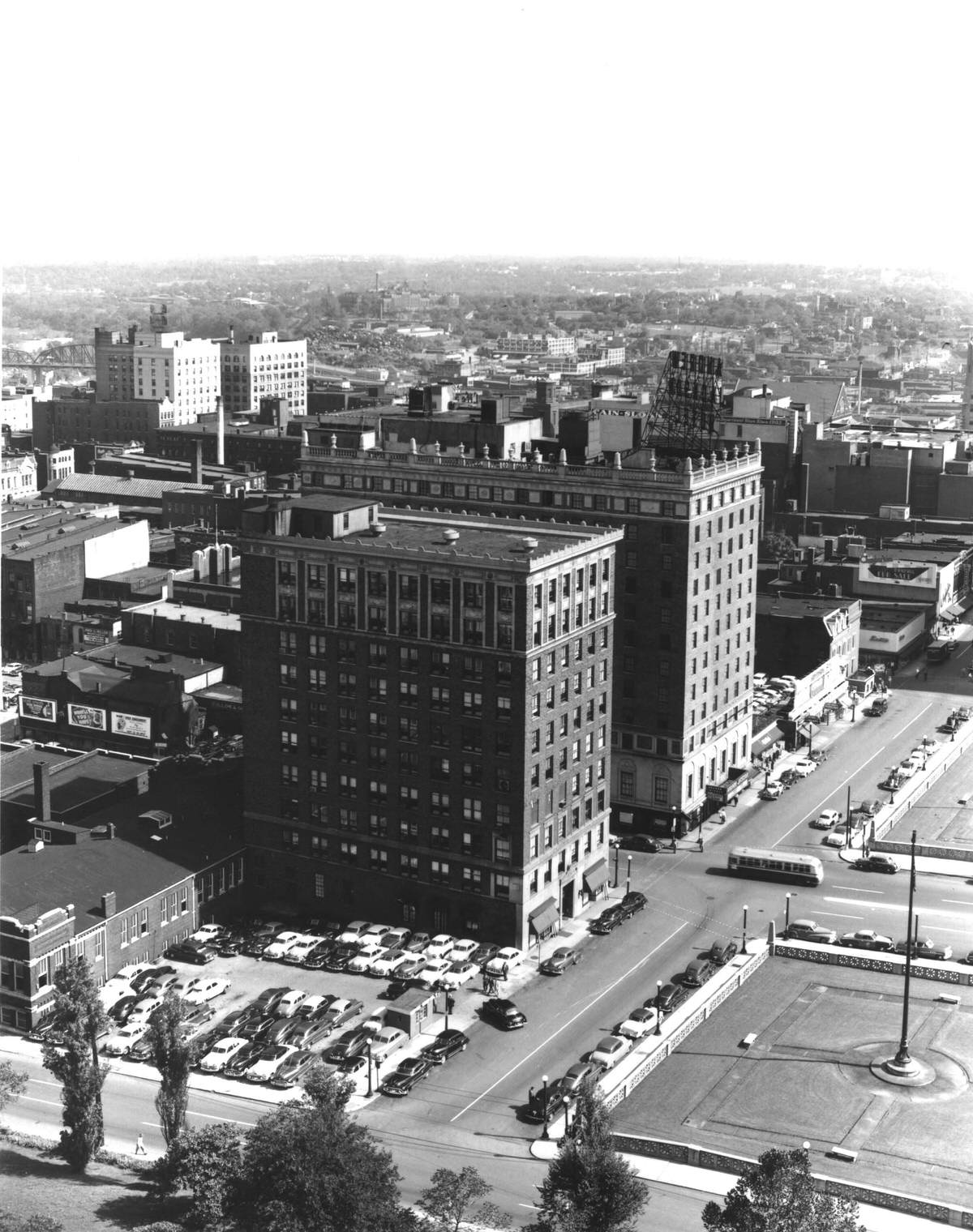Nashville, as seen from the top of the State Capitol, view southeast. Cotton States Building, Andrew Jackson Hotel, 1952