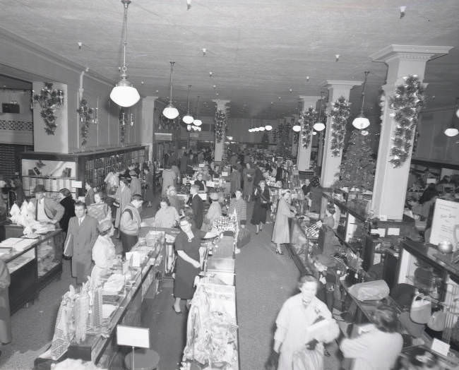 Department store interiors at Christmas, Nashville, Tennessee, 1955