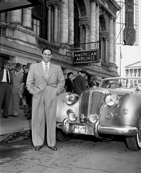 James Melton arrives with his English car, 1951